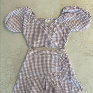 Gingham Puff Sleeve Skirt Set - Purple